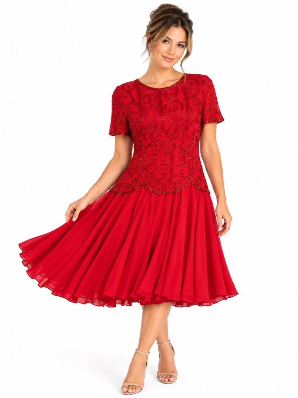Black Tie Oleg Cassini Women's 8 Red 100% Silk Beaded Dress Party Vintage